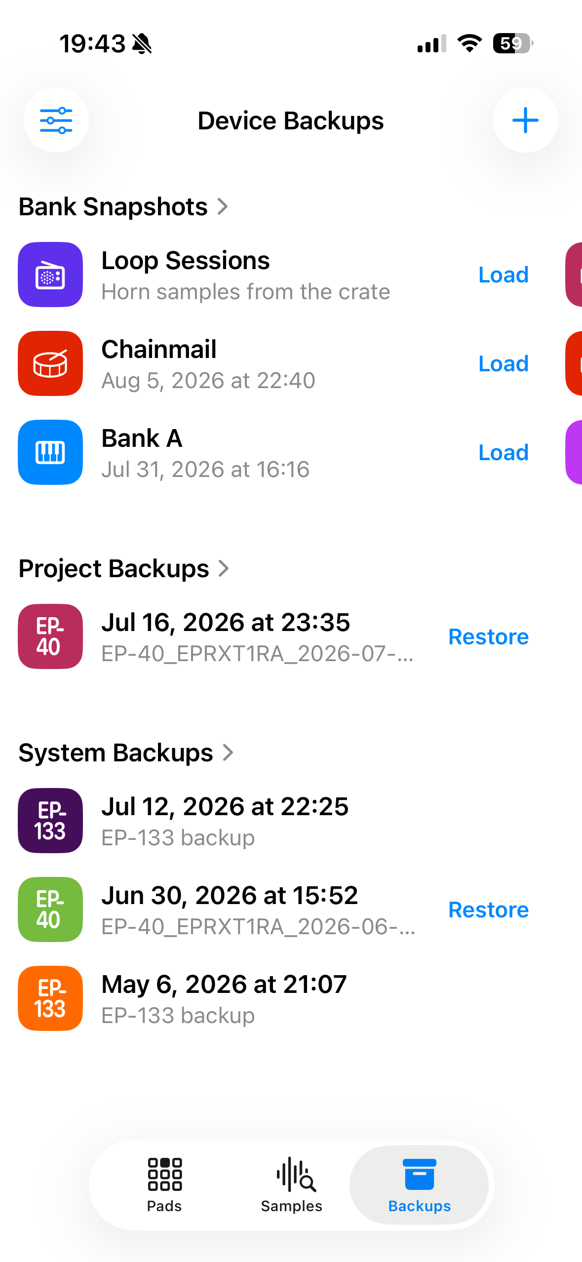 Bank snapshots, project backups, and system backups listed with load and restore actions