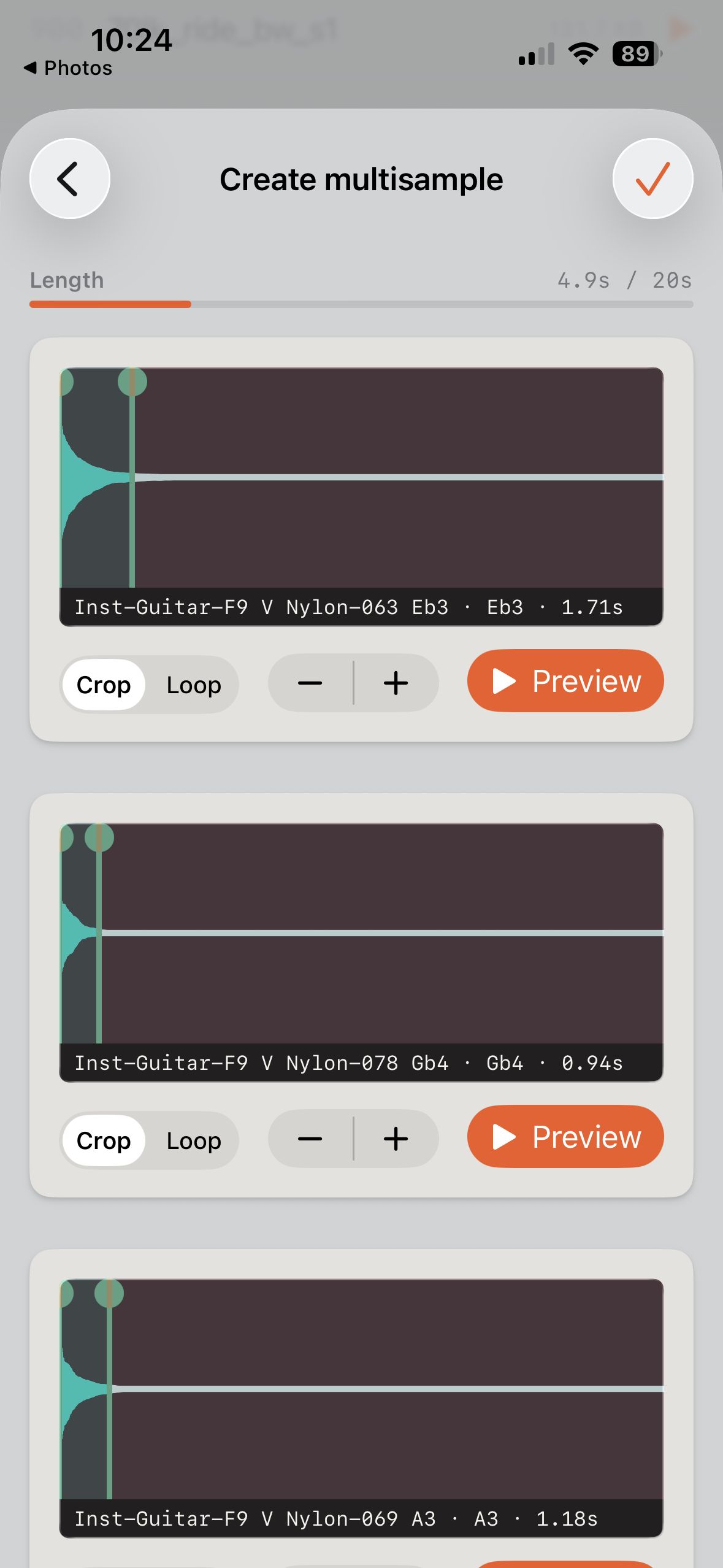 Building a multi-sample from several guitar recordings, each with its own crop and loop